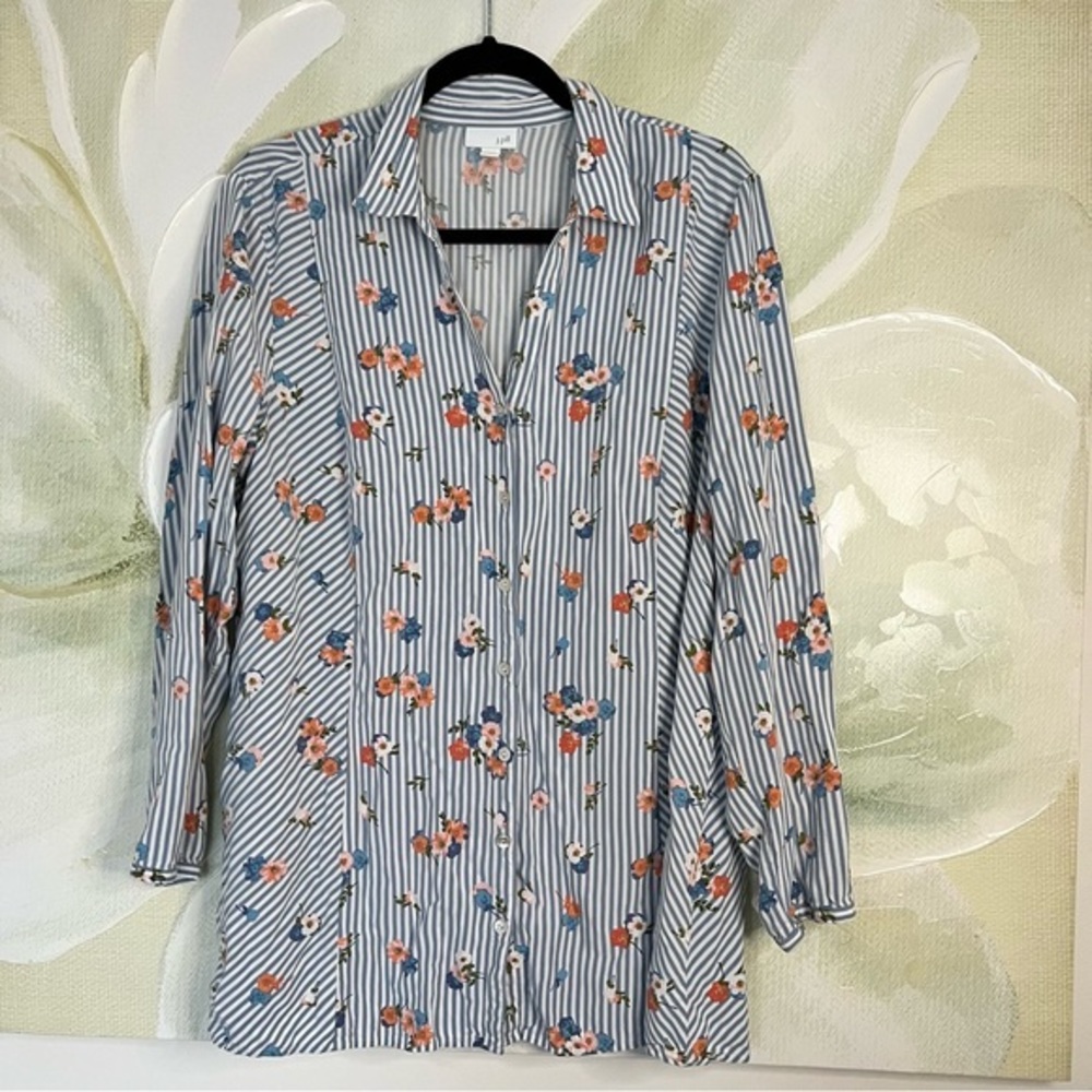 J Jill floral print striped button down blouse‎ XL